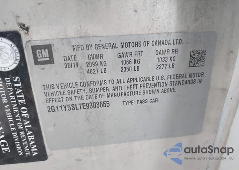 2014 Chevrolet Impala 1Ls из США, поврежденный, VIN 2G11Y5SL7E9303655